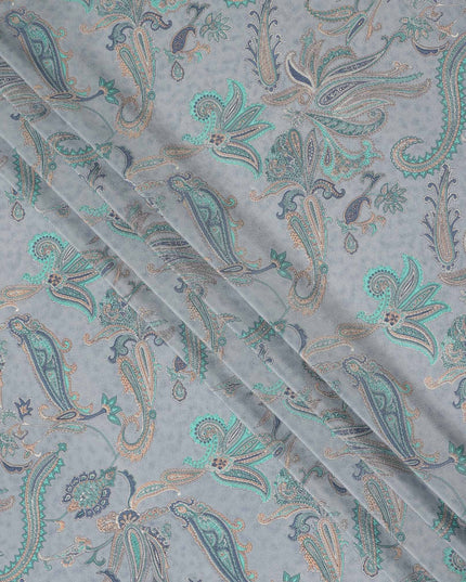 Grey Teal Paisley Floral Printed Pure Silk Crepe Fabric Lightweight Soft Draping Dress Material 110 Cms Width India Origin-D28793 Regal Fabrics