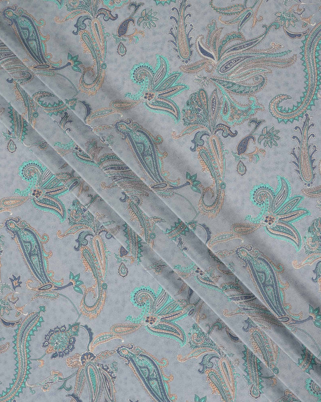 Grey Teal Paisley Floral Printed Pure Silk Crepe Fabric Lightweight Soft Draping Dress Material 110 Cms Width India Origin-D28793 Regal Fabrics