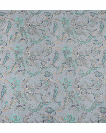 Grey Teal Paisley Floral Printed Pure Silk Crepe Fabric Lightweight Soft Draping Dress Material 110 Cms Width India Origin-D28793 Regal Fabrics