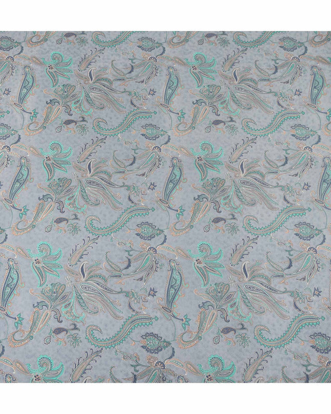 Grey Teal Paisley Floral Printed Pure Silk Crepe Fabric Lightweight Soft Draping Dress Material 110 Cms Width India Origin-D28793 Regal Fabrics