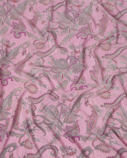 Pink Grey Paisley Floral Printed Pure Silk Crepe Fabric Lightweight Soft Draping Dress Material 110 Cms Width India Origin-D28794 Regal Fabrics
