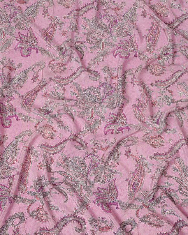 Pink Grey Paisley Floral Printed Pure Silk Crepe Fabric Lightweight Soft Draping Dress Material 110 Cms Width India Origin-D28794 Regal Fabrics