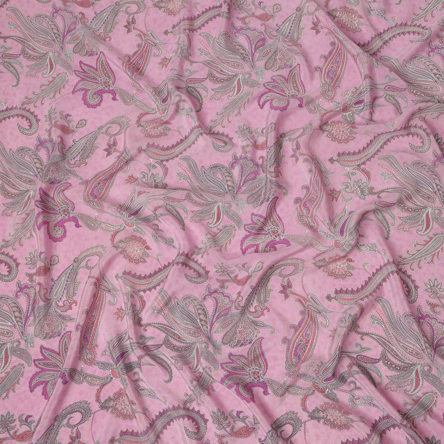 Pink Grey Paisley Floral Printed Pure Silk Crepe Fabric Lightweight Soft Draping Dress Material 110 Cms Width India Origin-D28794 Regal Fabrics