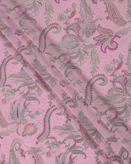 Pink Grey Paisley Floral Printed Pure Silk Crepe Fabric Lightweight Soft Draping Dress Material 110 Cms Width India Origin-D28794 Regal Fabrics