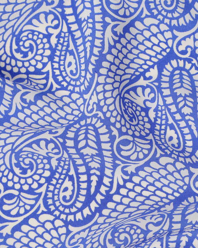 Royal Blue White Paisley Printed Pure Silk Crepe Fabric Lightweight Soft Draping Dress Material 110 Cms Width India Origin-D28796 Regal Fabrics