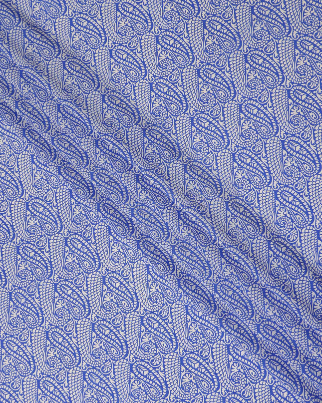 Royal Blue White Paisley Printed Pure Silk Crepe Fabric Lightweight Soft Draping Dress Material 110 Cms Width India Origin-D28796 Regal Fabrics