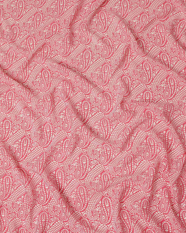 Coral Pink White Paisley Floral Printed Pure Silk Crepe Fabric Lightweight Soft Draping Dress Material 110 Cms Width India Origin-D28787 Regal Fabrics