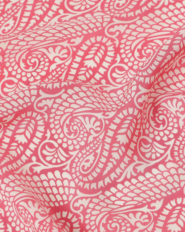 Coral Pink White Paisley Floral Printed Pure Silk Crepe Fabric Lightweight Soft Draping Dress Material 110 Cms Width India Origin-D28787 Regal Fabrics