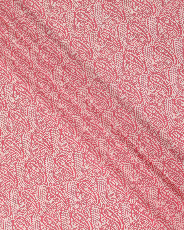 Coral Pink White Paisley Floral Printed Pure Silk Crepe Fabric Lightweight Soft Draping Dress Material 110 Cms Width India Origin-D28787 Regal Fabrics