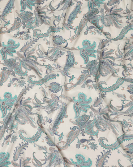 Cream Teal Paisley Floral Printed Pure Silk Crepe Fabric Lightweight Soft Draping Dress Material 110 Cms Width India Origin-D28795 Regal Fabrics