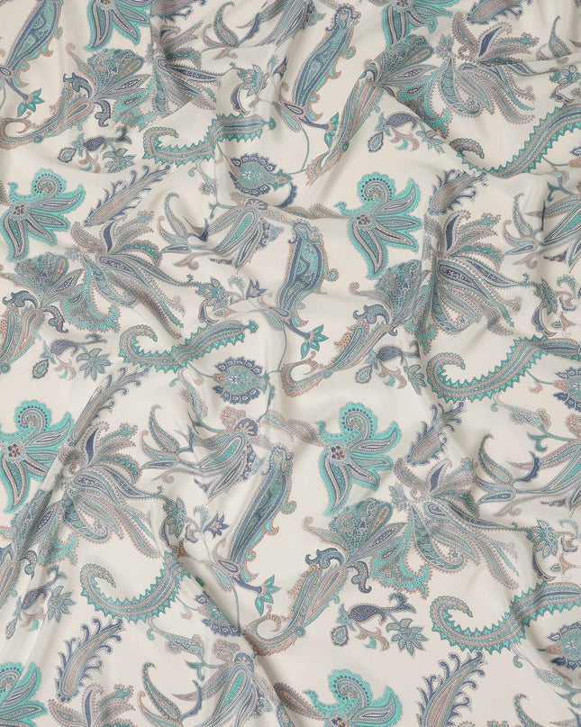 Cream Teal Paisley Floral Printed Pure Silk Crepe Fabric Lightweight Soft Draping Dress Material 110 Cms Width India Origin-D28795 Regal Fabrics