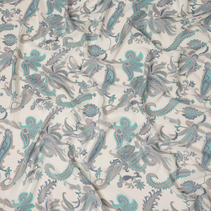 Cream Teal Paisley Floral Printed Pure Silk Crepe Fabric Lightweight Soft Draping Dress Material 110 Cms Width India Origin-D28795 Regal Fabrics