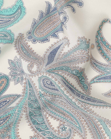 Cream Teal Paisley Floral Printed Pure Silk Crepe Fabric Lightweight Soft Draping Dress Material 110 Cms Width India Origin-D28795 Regal Fabrics