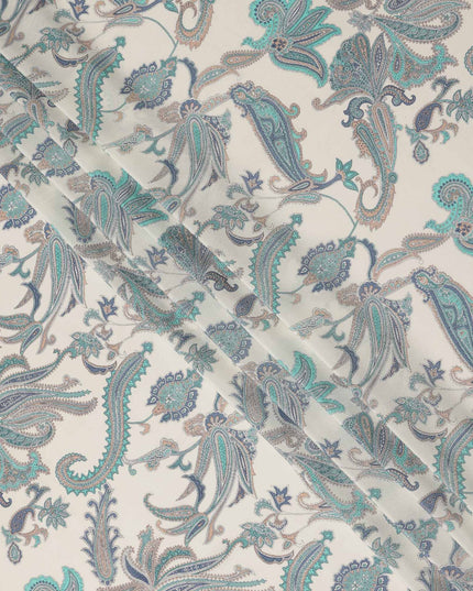 Cream Teal Paisley Floral Printed Pure Silk Crepe Fabric Lightweight Soft Draping Dress Material 110 Cms Width India Origin-D28795 Regal Fabrics