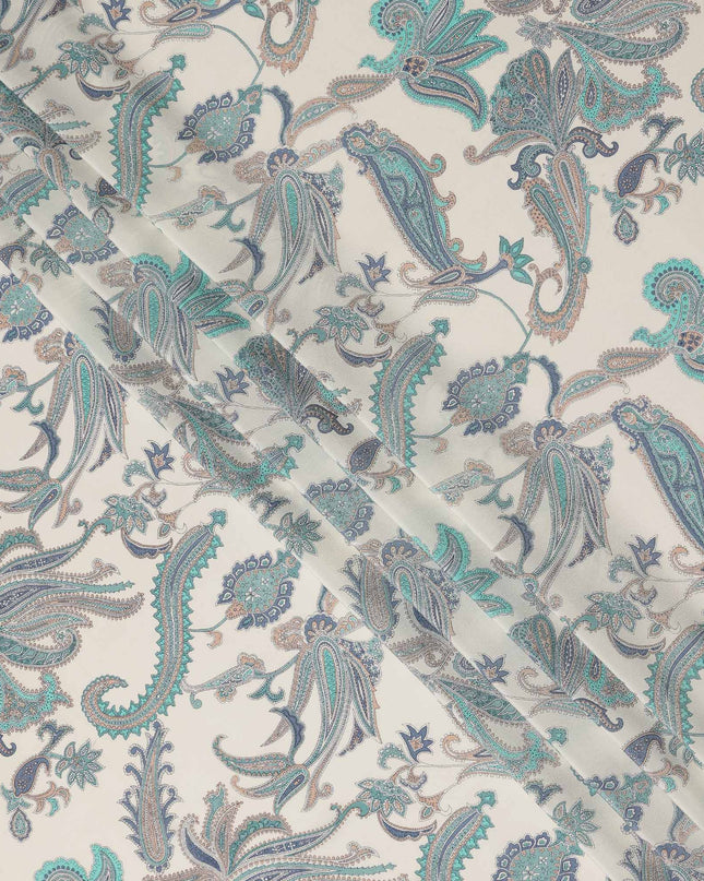 Cream Teal Paisley Floral Printed Pure Silk Crepe Fabric Lightweight Soft Draping Dress Material 110 Cms Width India Origin-D28795 Regal Fabrics