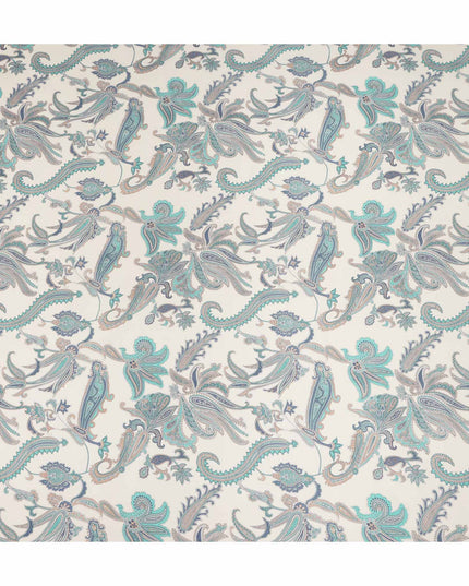 Cream Teal Paisley Floral Printed Pure Silk Crepe Fabric Lightweight Soft Draping Dress Material 110 Cms Width India Origin-D28795 Regal Fabrics