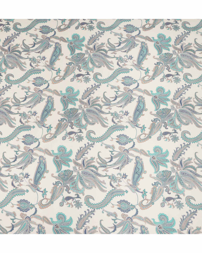 Cream Teal Paisley Floral Printed Pure Silk Crepe Fabric Lightweight Soft Draping Dress Material 110 Cms Width India Origin-D28795 Regal Fabrics