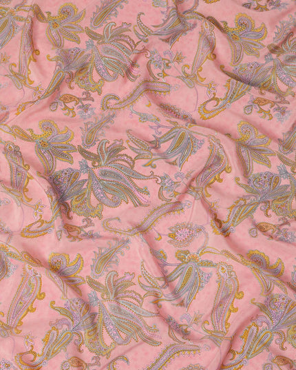 Peach Pink Paisley Floral Printed Pure Silk Crepe Fabric Lightweight Soft Draping Dress Material 110 Cms Width India Origin-D28792 Regal Fabrics