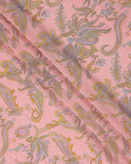 Peach Pink Paisley Floral Printed Pure Silk Crepe Fabric Lightweight Soft Draping Dress Material 110 Cms Width India Origin-D28792 Regal Fabrics