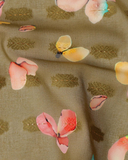 Olive Green Multicolor Floral Printed Traditional Sudanese Thobe Pure Cotton Voile Fabric 4.5 Meters Length 140 Cms Width Lightweight Breathable Soft Draping Material for Women Ethnic Wear-D28577 - Regal Fabrics
