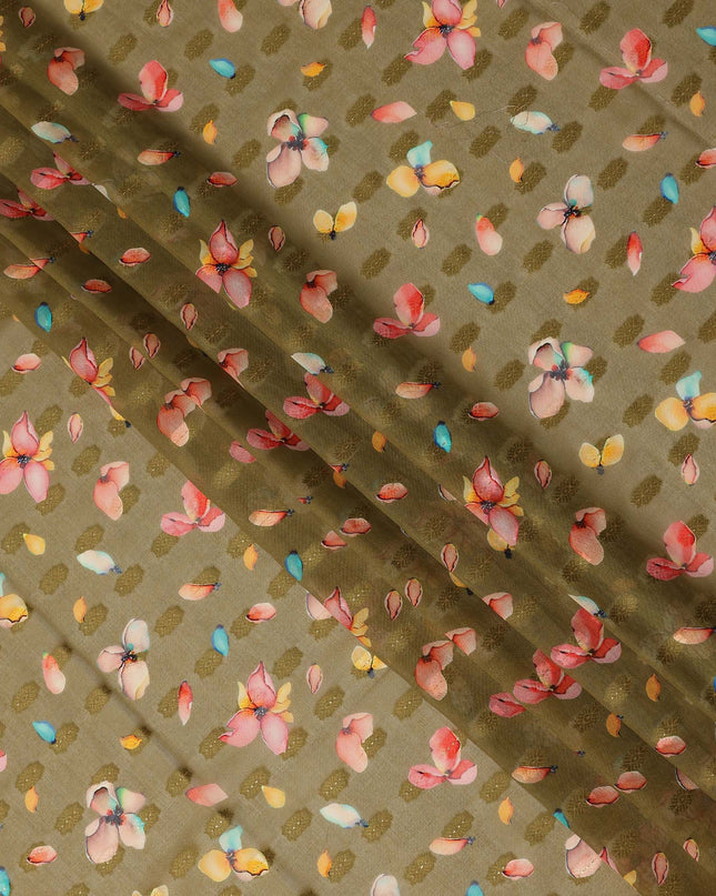 Olive Green Multicolor Floral Printed Traditional Sudanese Thobe Pure Cotton Voile Fabric 4.5 Meters Length 140 Cms Width Lightweight Breathable Soft Draping Material for Women Ethnic Wear-D28577 - Regal Fabrics