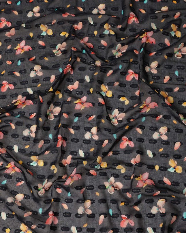 Black Floral Printed Traditional Sudanese Thobe Pure Cotton Voile Fabric 4.5 Meters Length 140 Cms Width Lightweight Breathable Soft Draping Material for Women Ethnic Wear-D28575 - Regal Fabrics