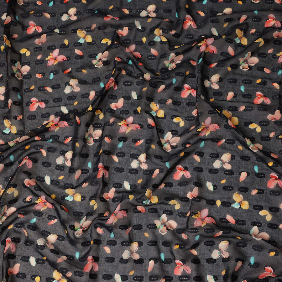 Black Floral Printed Traditional Sudanese Thobe Pure Cotton Voile Fabric 4.5 Meters Length 140 Cms Width Lightweight Breathable Soft Draping Material for Women Ethnic Wear-D28575 - Regal Fabrics