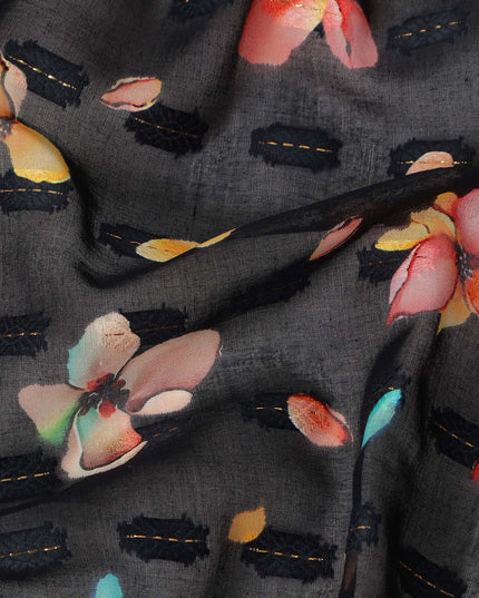 Black Floral Printed Traditional Sudanese Thobe Pure Cotton Voile Fabric 4.5 Meters Length 140 Cms Width Lightweight Breathable Soft Draping Material for Women Ethnic Wear-D28575 - Regal Fabrics