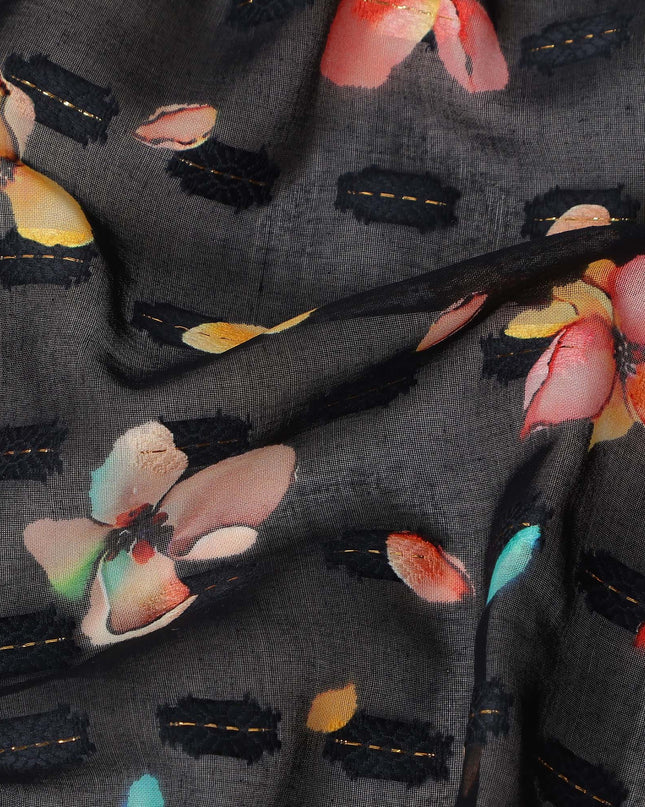 Black Floral Printed Traditional Sudanese Thobe Pure Cotton Voile Fabric 4.5 Meters Length 140 Cms Width Lightweight Breathable Soft Draping Material for Women Ethnic Wear-D28575 - Regal Fabrics