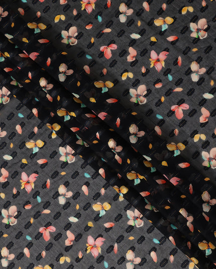 Black Floral Printed Traditional Sudanese Thobe Pure Cotton Voile Fabric 4.5 Meters Length 140 Cms Width Lightweight Breathable Soft Draping Material for Women Ethnic Wear-D28575 - Regal Fabrics
