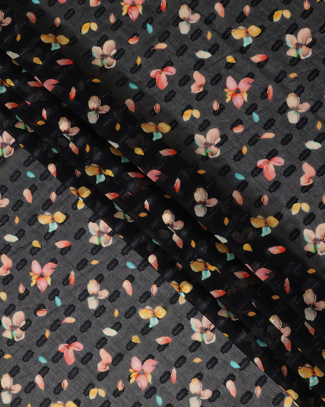 Black Floral Printed Traditional Sudanese Thobe Pure Cotton Voile Fabric 4.5 Meters Length 140 Cms Width Lightweight Breathable Soft Draping Material for Women Ethnic Wear-D28575 - Regal Fabrics