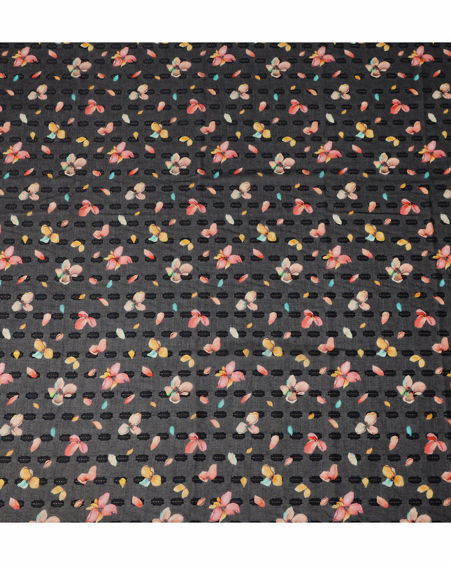 Black Floral Printed Traditional Sudanese Thobe Pure Cotton Voile Fabric 4.5 Meters Length 140 Cms Width Lightweight Breathable Soft Draping Material for Women Ethnic Wear-D28575 - Regal Fabrics