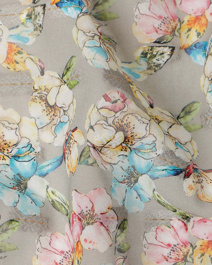 Beige Multicolor Floral Jacquard Cotton Voile Fabric Soft Lightweight Breathable Textured Dressmaking Craft Fabric 150 Cms Width Indian Origin-D28632 Regal Fabrics