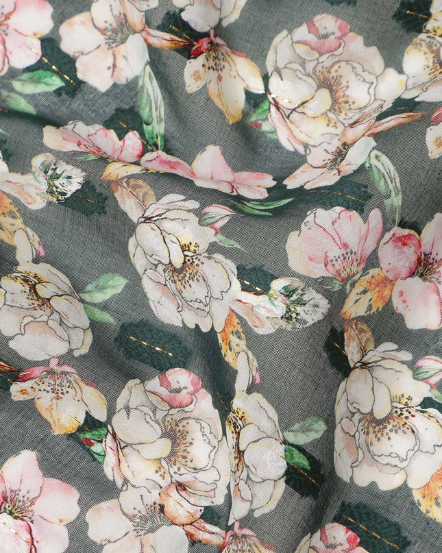 Dark Green Multicolor Floral Jacquard Cotton Voile Fabric Soft Lightweight Breathable Textured Dressmaking Craft Fabric 150 Cms Width Indian Origin-D28633 Regal Fabrics