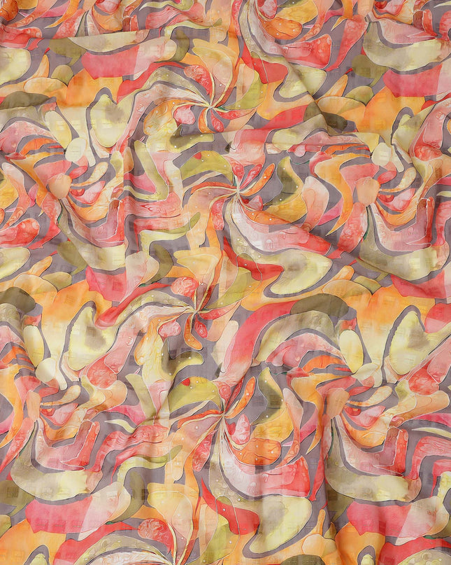 Coral Orange Multicolor Abstract Floral Jacquard Cotton Voile Fabric Soft Lightweight Breathable Textured Dressmaking Craft Fabric 150 Cms Width Indian Origin-D28636 Regal Fabrics