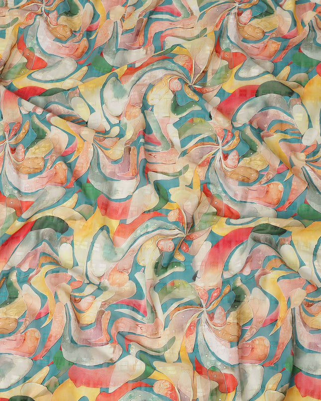 Teal Multicolor Abstract Floral Jacquard Cotton Voile Fabric Soft Lightweight Breathable Textured Dressmaking Craft Fabric 150 Cms Width Indian Origin-D28635 Regal Fabrics