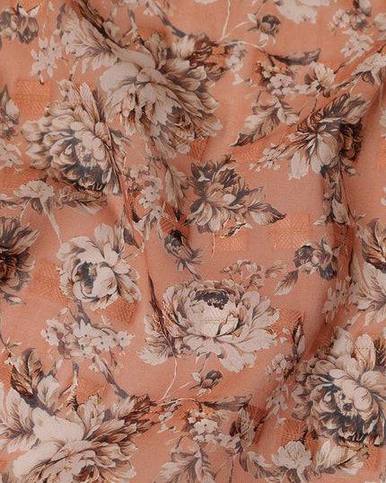 Peach Floral Printed Traditional Sudanese Thobe Pure Cotton Voile Fabric 4.5 Meters Length 140 Cms Width Lightweight Breathable Soft Draping Material for Women Ethnic Wear-D28569 - Regal Fabrics