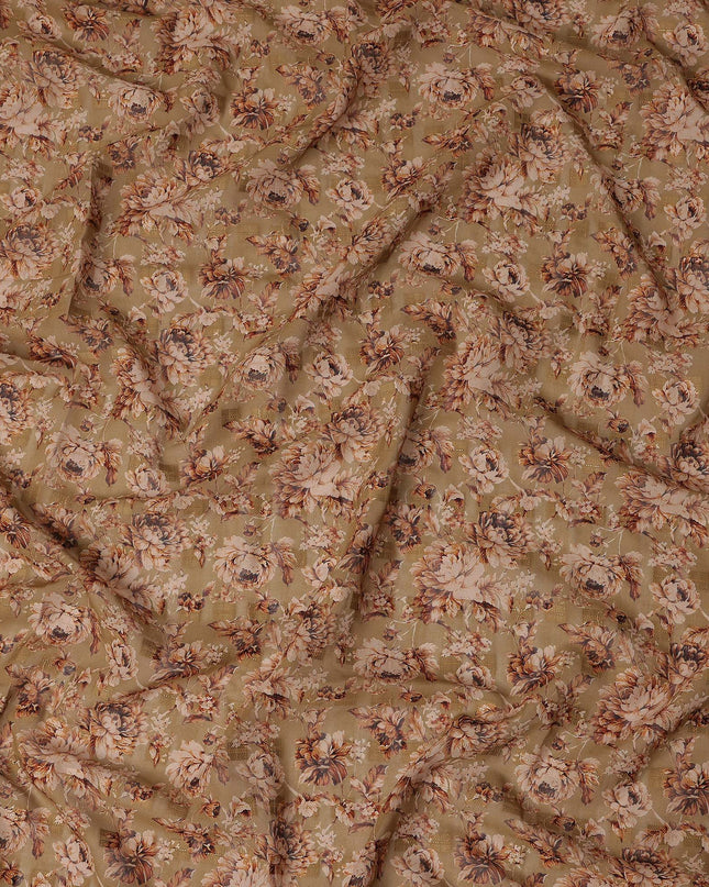 Beige Floral Printed Traditional Sudanese Thobe Pure Cotton Voile Fabric 4.5 Meters Length 140 Cms Width Lightweight Breathable Soft Draping Material for Women Ethnic Wear-D28571 - Regal Fabrics