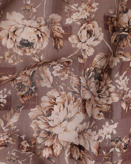 Brown Floral Printed Traditional Sudanese Thobe Pure Cotton Voile Fabric 4.5 Meters Length 140 Cms Width Lightweight Breathable Soft Draping Material for Women Ethnic Wear-D28570 - Regal Fabrics