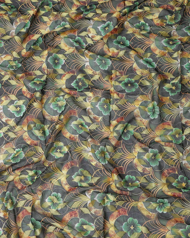 Dark Green Floral Printed Cotton Voile 150cm