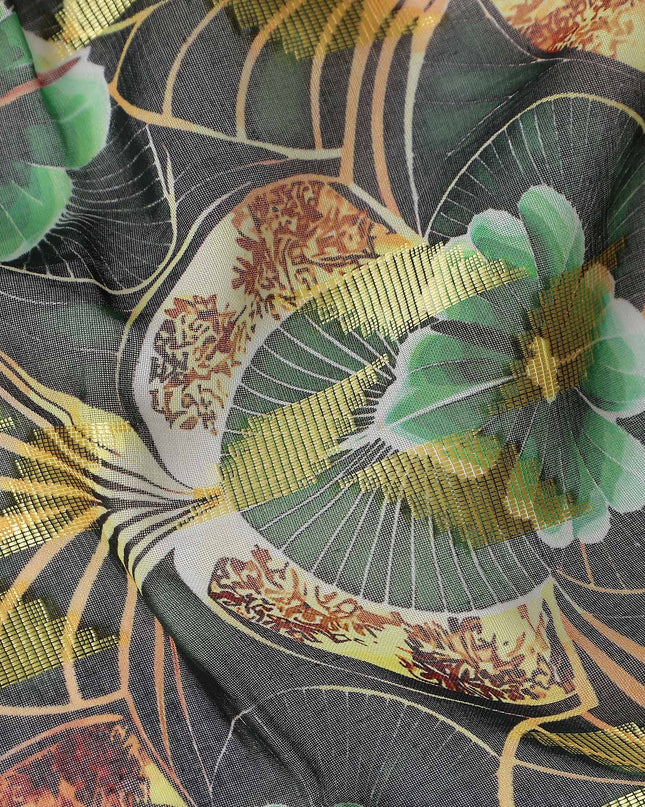 Dark Green Floral Printed Cotton Voile 150cm