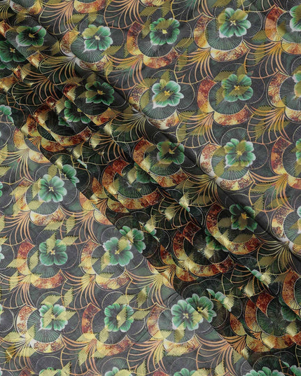 Dark Green Floral Printed Cotton Voile 150cm