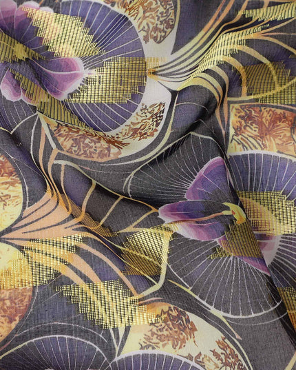 Purple Floral Fan Printed Cotton Voile 150cm