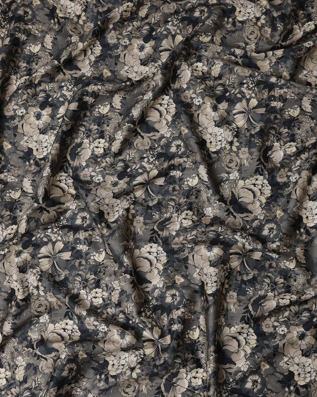 Smoke Grey Floral Cotton Satin Fabric