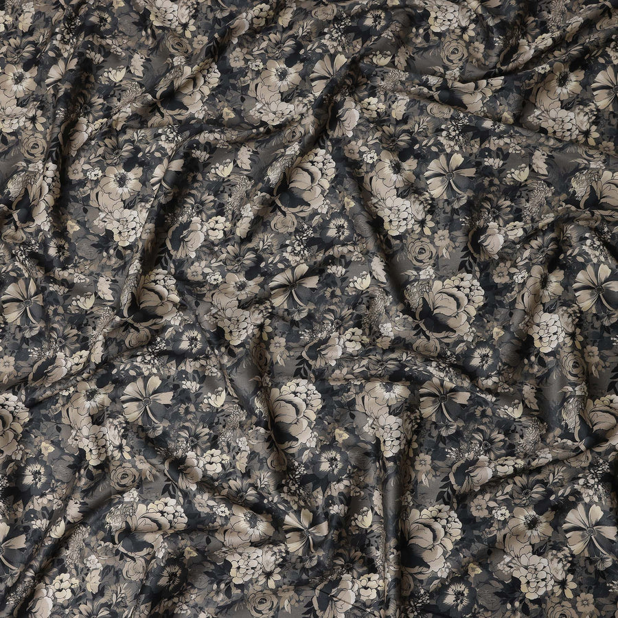 Smoke Grey Floral Cotton Satin Fabric