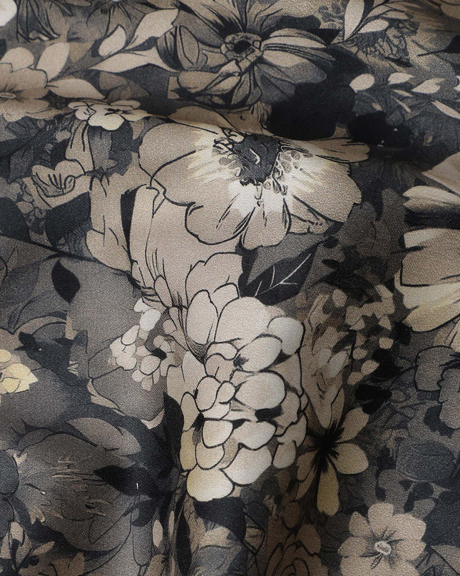 Smoke Grey Floral Cotton Satin Fabric