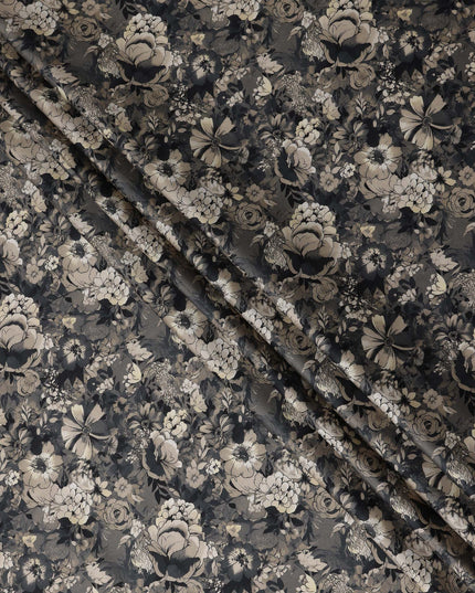 Smoke Grey Floral Cotton Satin Fabric