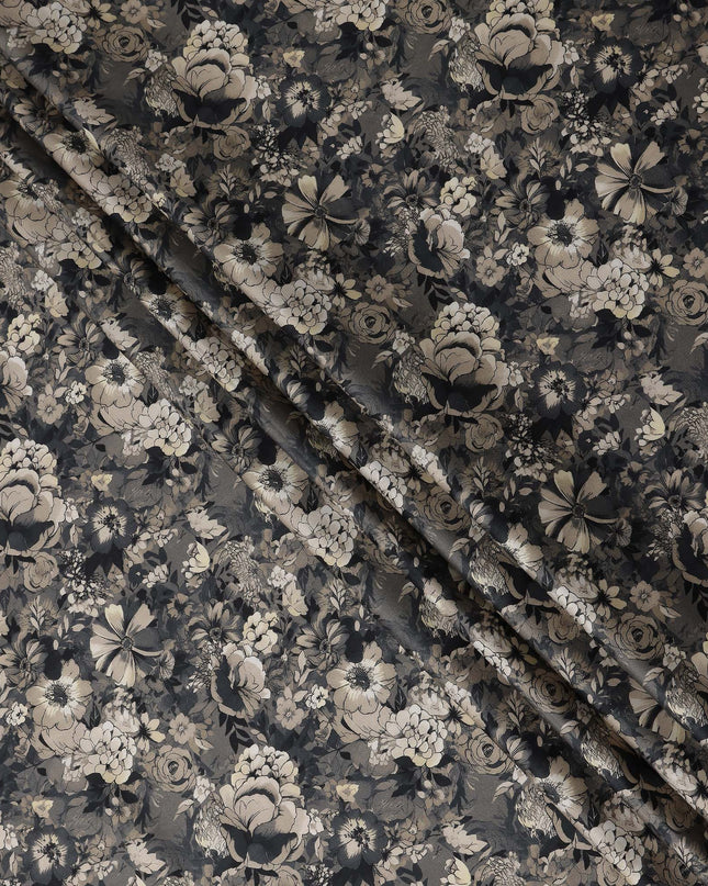 Smoke Grey Floral Cotton Satin Fabric