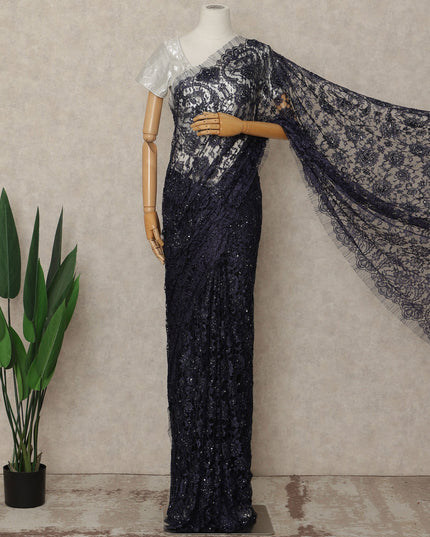 Navy Blue French Chantilly Lace Saree with bead work and seq