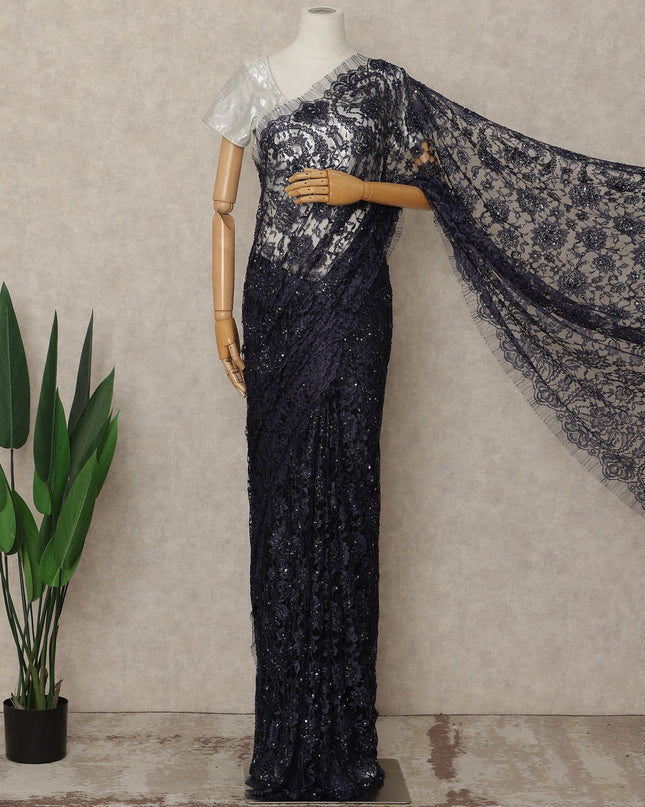 Navy Blue French Chantilly Lace Saree with bead work and seq